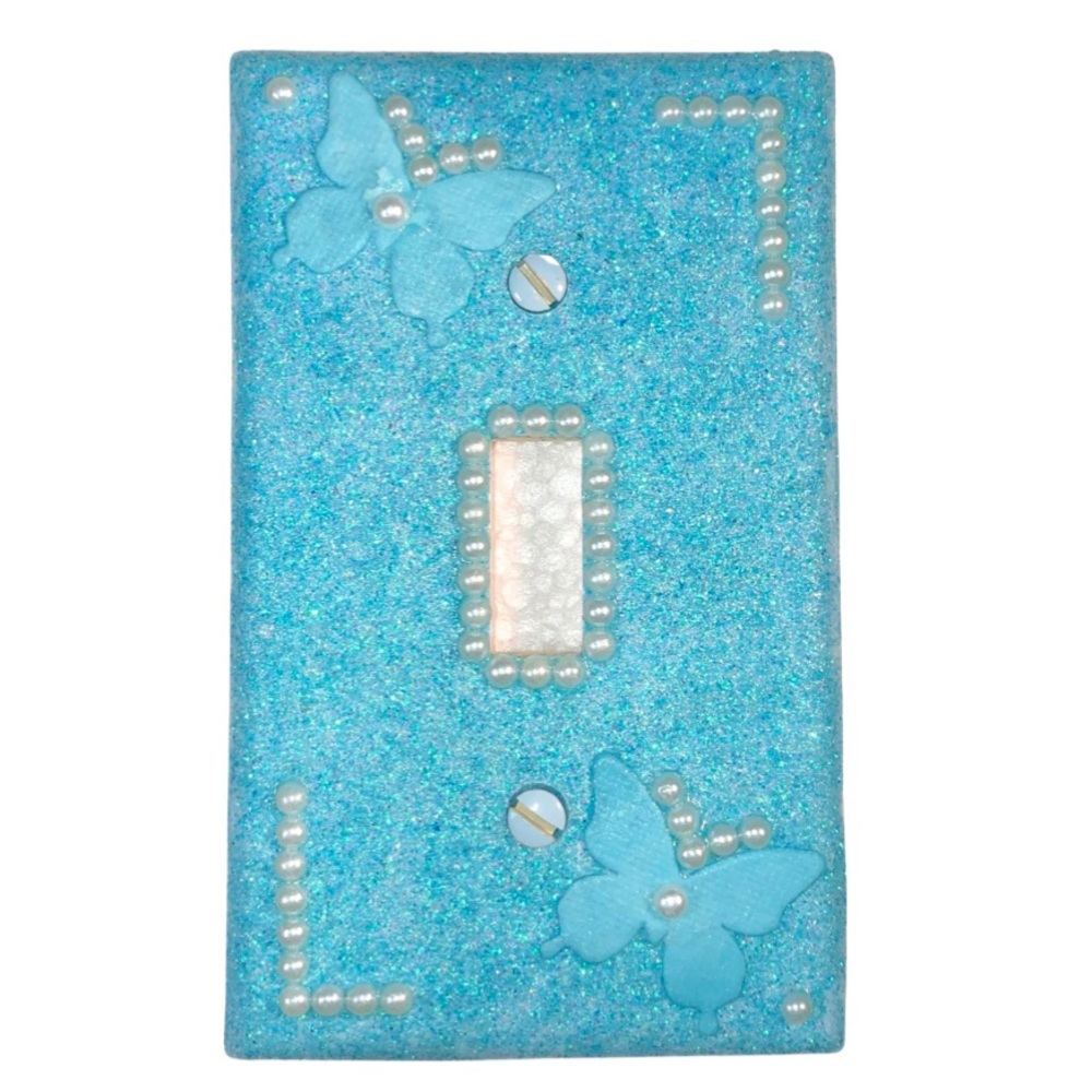 Hand Decorated Butterflies Pearls Baby Blue Toggle Switch Wallplate Cover